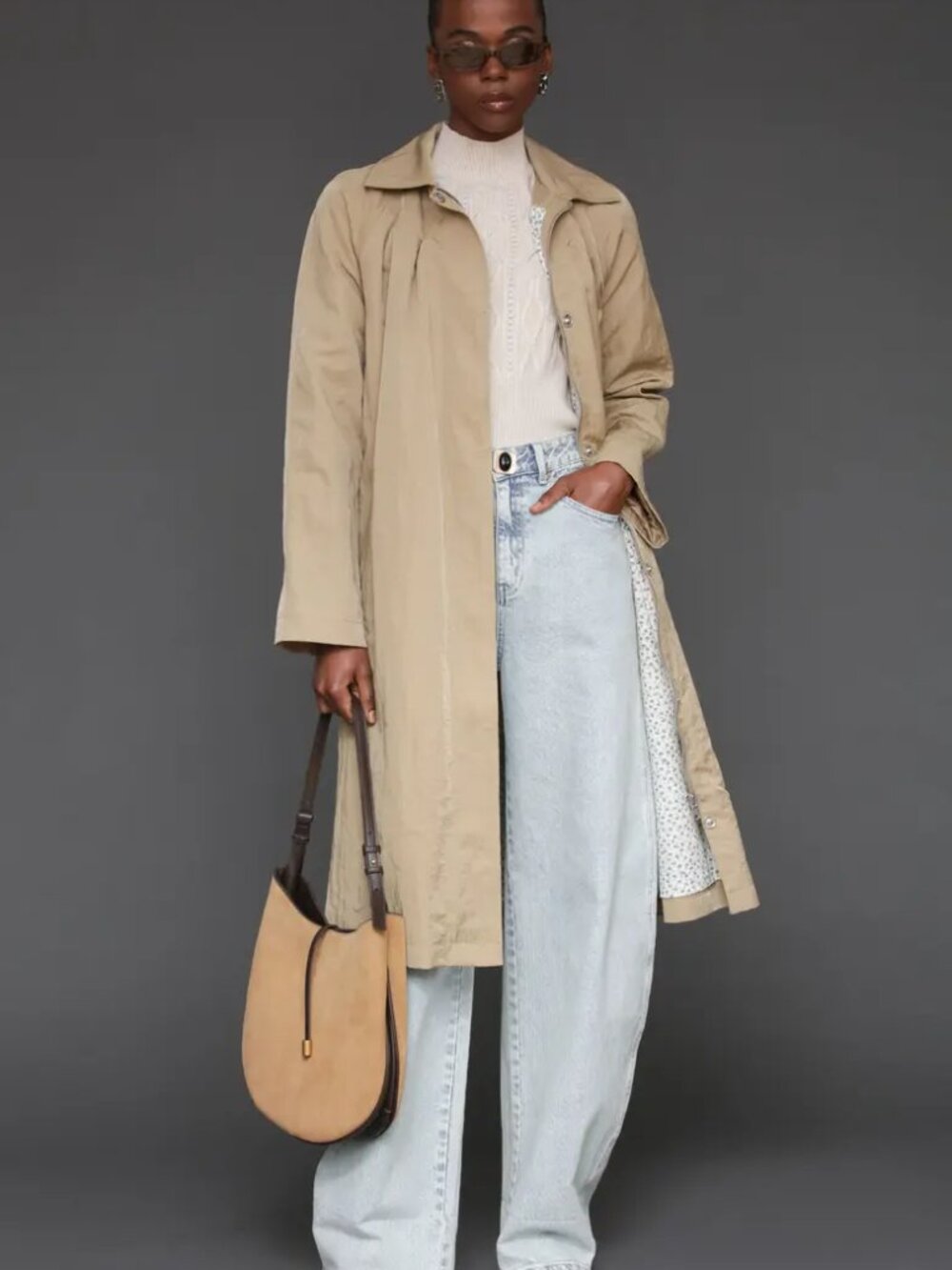 AVEC LES FILLES Nylon Pleated Classic Rain Trench Coat in Fawn Size S NWT $278